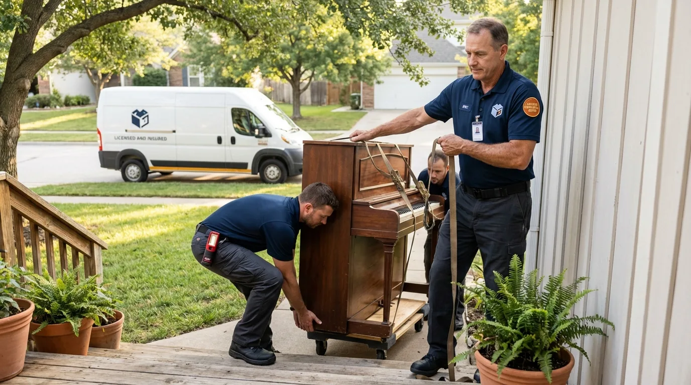 Licensed piano movers securing grand piano in Cave Springs, AR