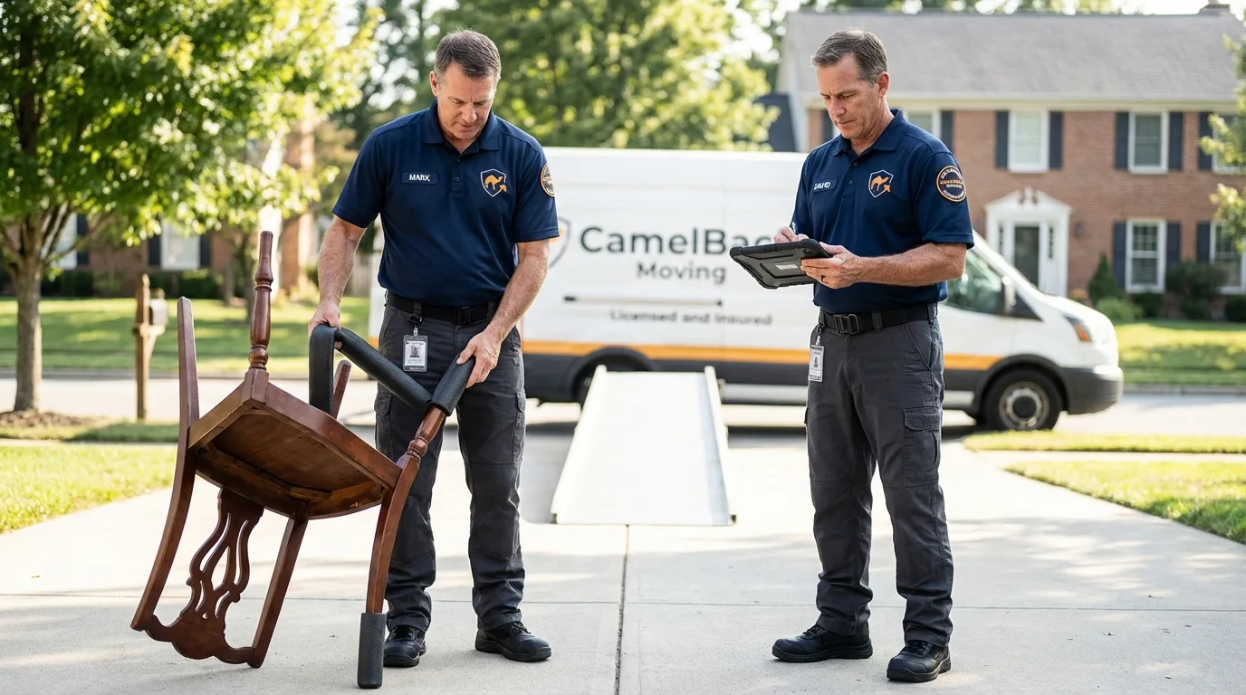 Movers inspecting furniture for damage prevention before loading in Cave Springs, AR