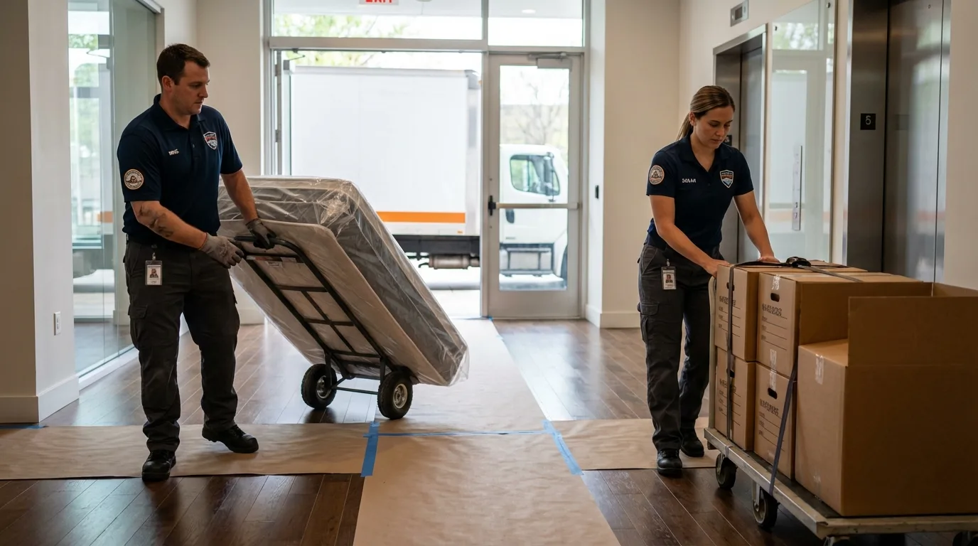 Professional apartment movers loading elevator in Cave Springs, AR